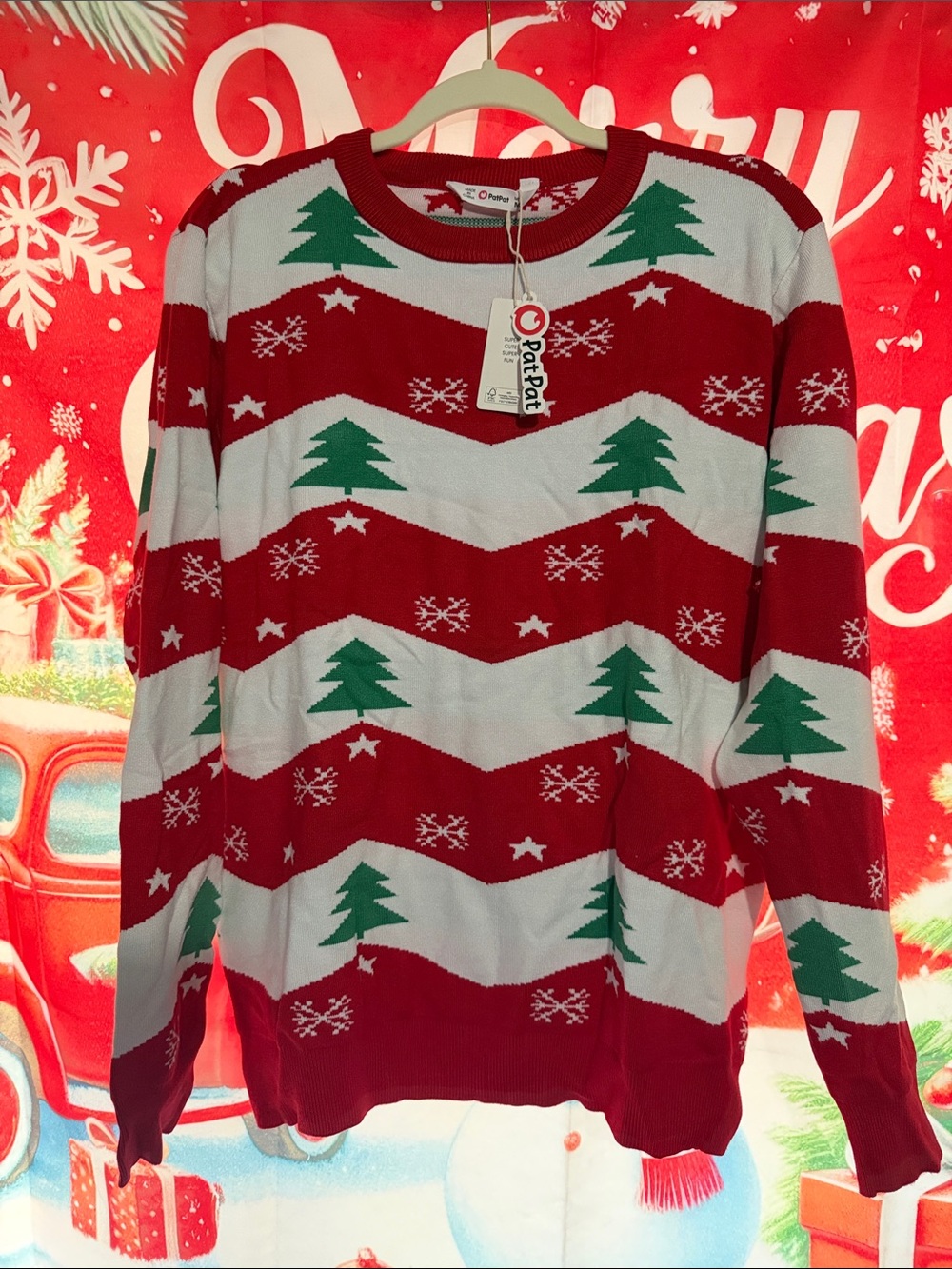PatPat Red, White & Green Christmas Tree Crewneck Sweater